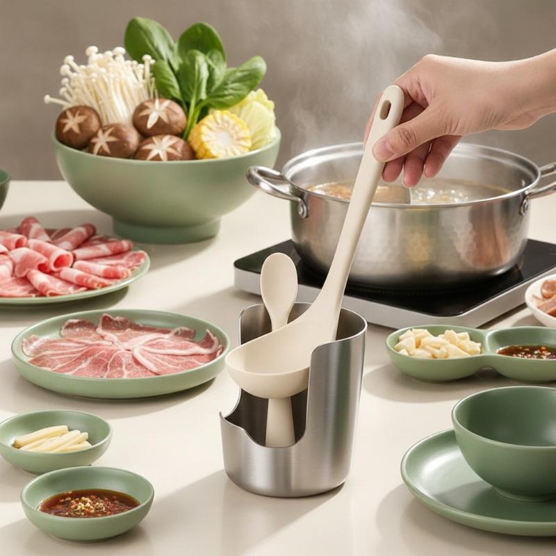Kitchen Gadgets Organizer - 2-in-1ステンレス製スプーン置き兼鍋蓋スタンド。BPAフリーで滑り止め加工が施されており、日々の料理や食材の整理に役立つキッチンカウンター用の収納グッズ。