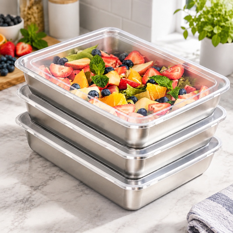 Kitchen Gadgets Organizer - 透明な蓋付きのステンレス製食品保存容器3点セット。漏れ防止設計で、キャンプや家庭でのキッチンでの使用に最適。